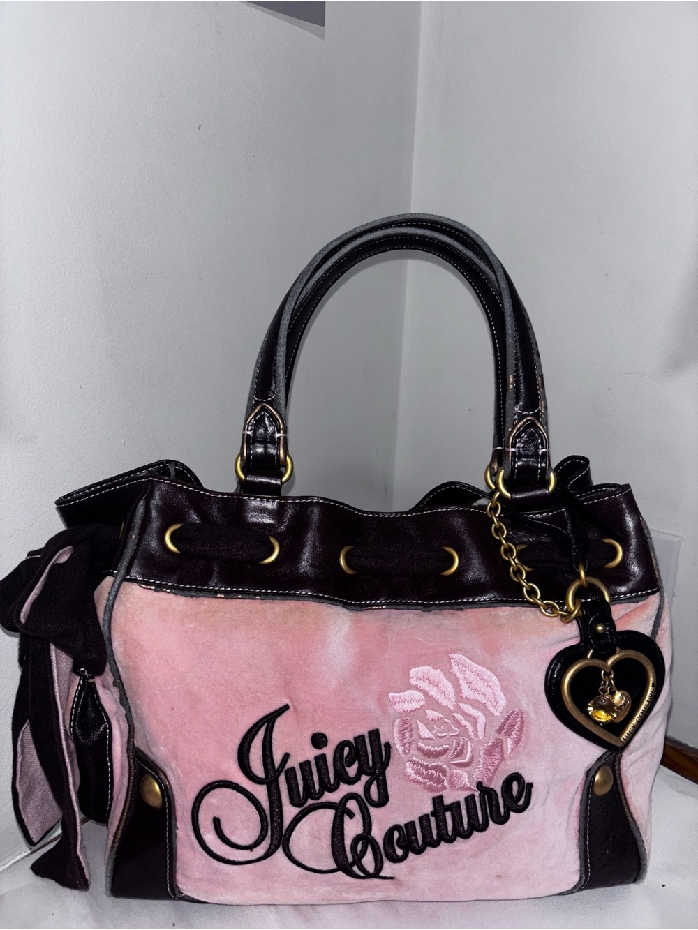 Juicy Couture Pink and Black Velvet Tote with Heart Charm